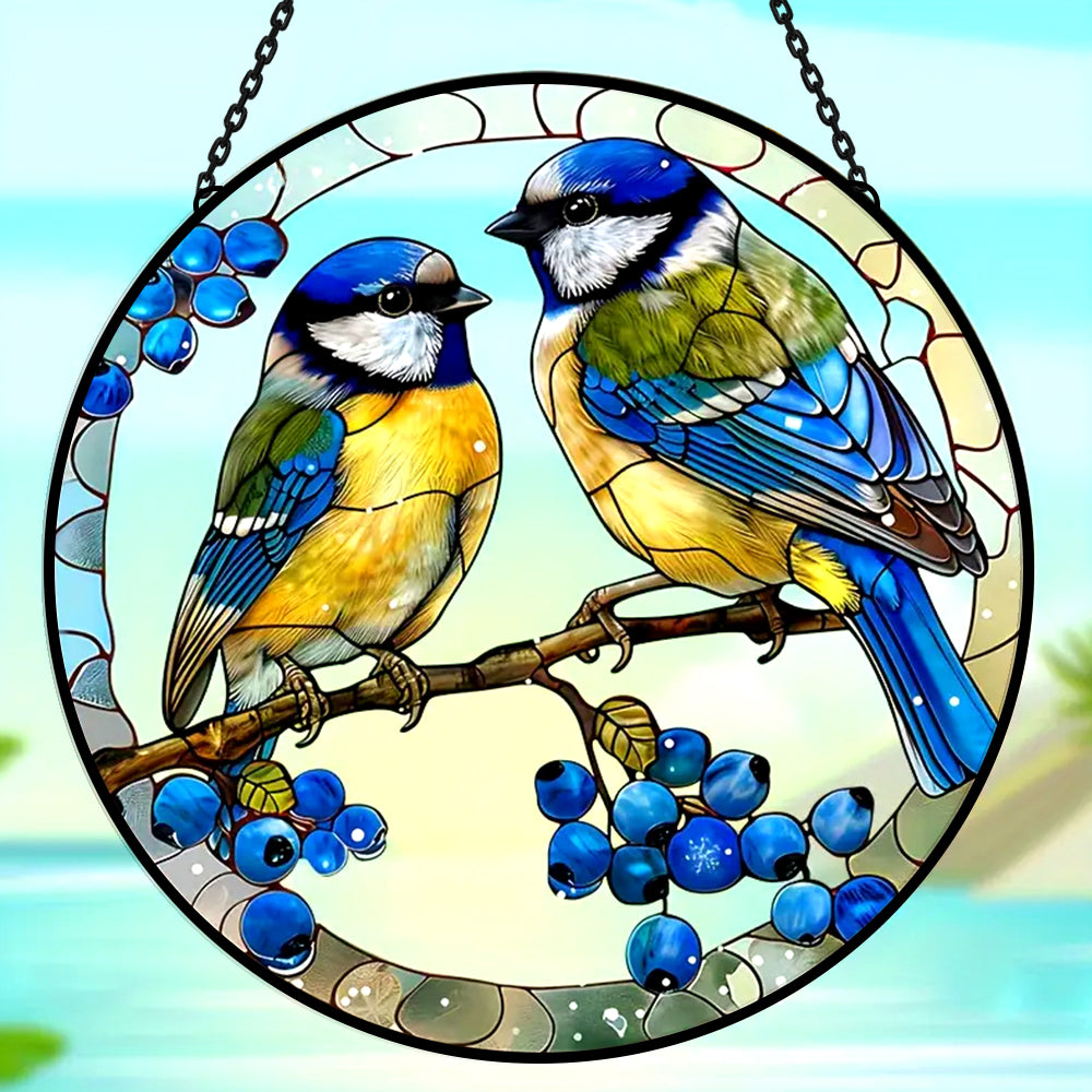 Blue tits on branch stained glass suncatcher window hanging, suitable for home and garden decoration