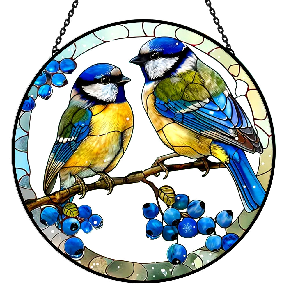 Blue tits on branch stained glass suncatcher window hanging, suitable for home and garden decoration