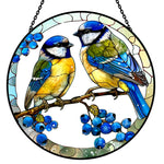 Blue tits on branch stained glass suncatcher window hanging, suitable for home and garden decoration