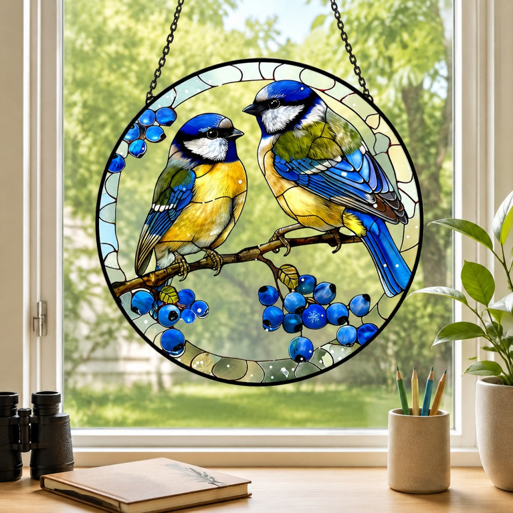 Blue tits on branch stained glass suncatcher window hanging, suitable for home and garden decoration