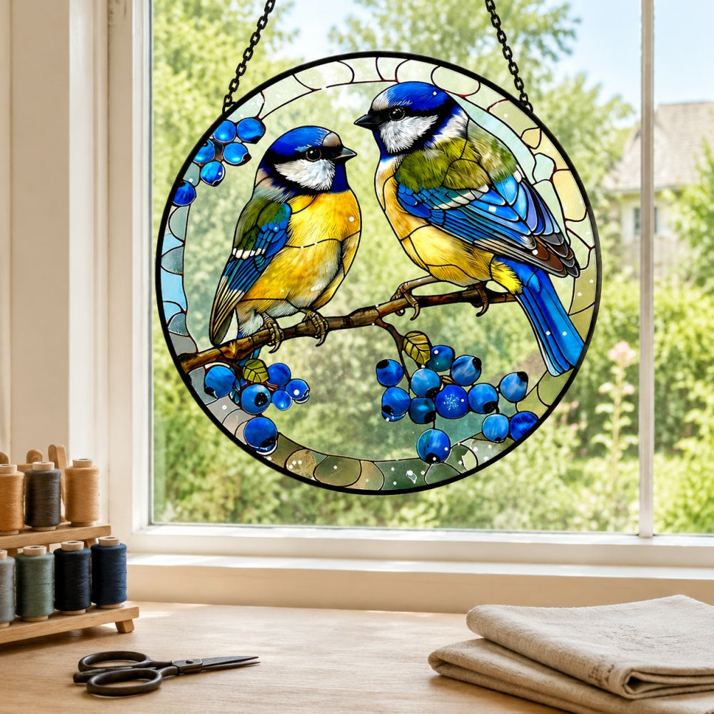 Blue tits on branch stained glass suncatcher window hanging, suitable for home and garden decoration