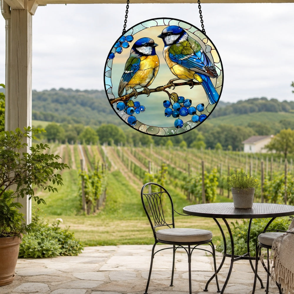 Blue tits on branch stained glass suncatcher window hanging, suitable for home and garden decoration