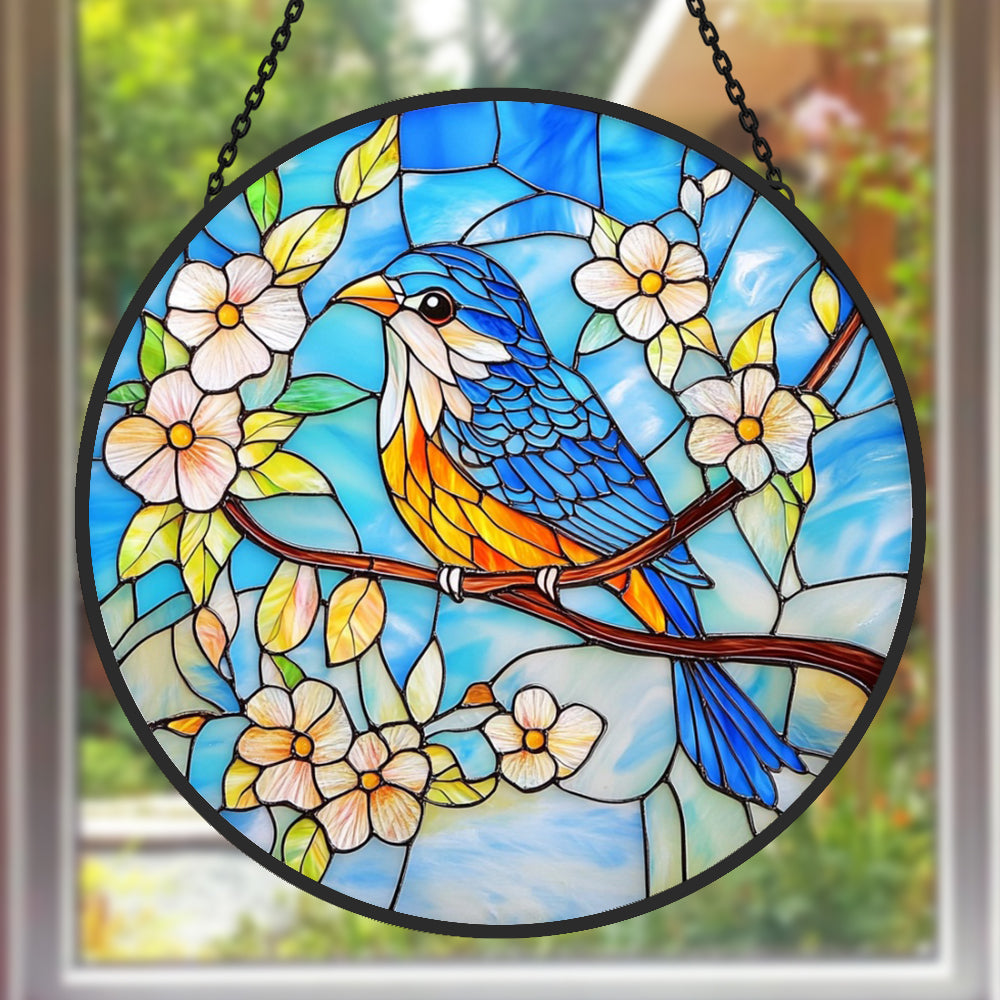 Bluebird on blossom branch stained glass suncatcher window hanging, suitable for home and garden decoration