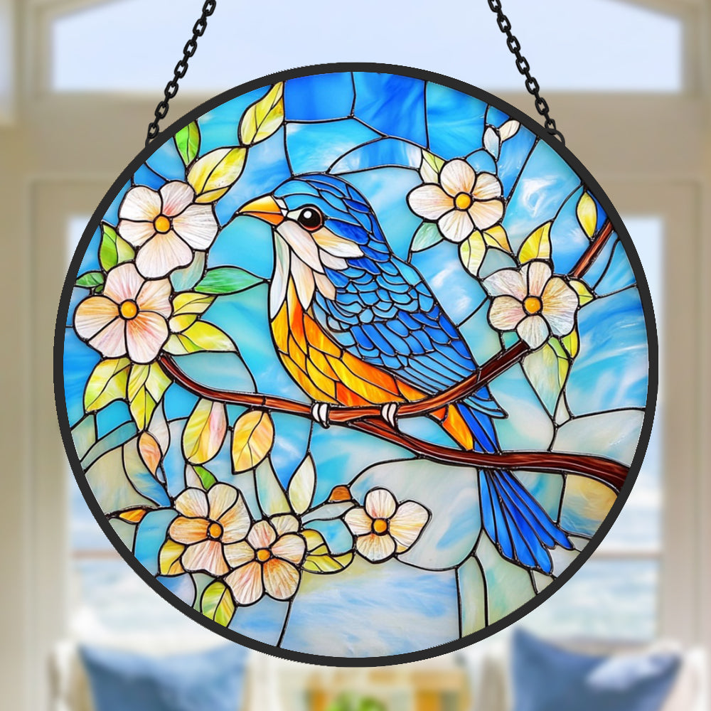 Bluebird on blossom branch stained glass suncatcher window hanging, suitable for home and garden decoration