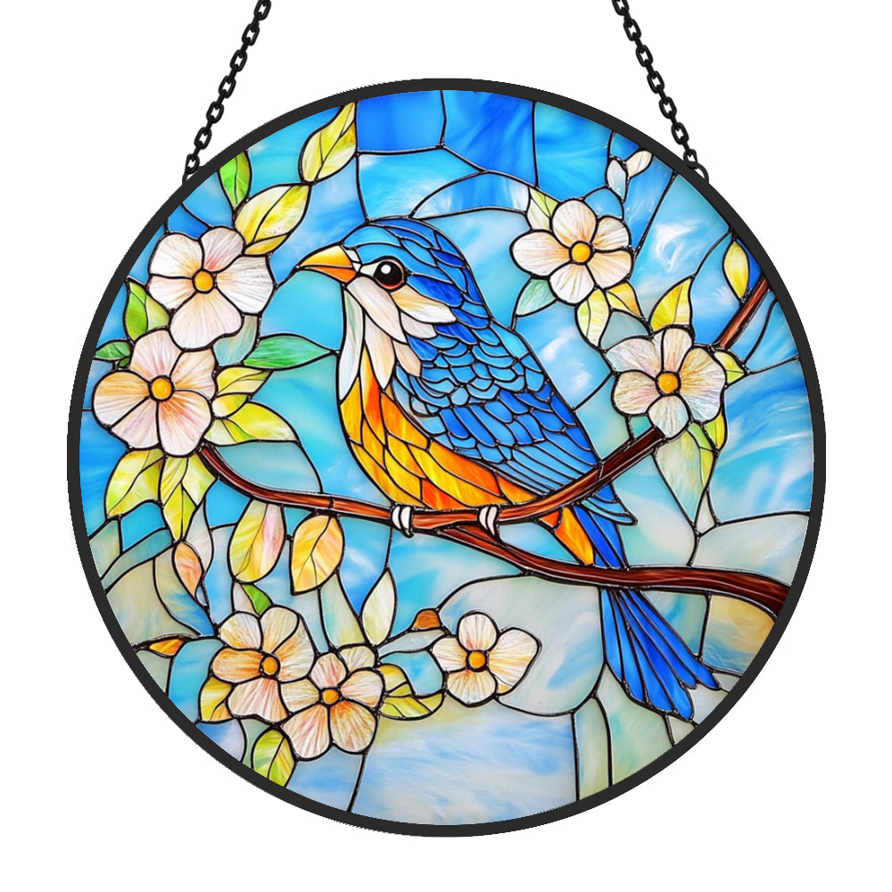 bluebird on blossom branch stained Bluebird on blossom branch stained glass suncatcher window hanging, suitable for home and garden decoration