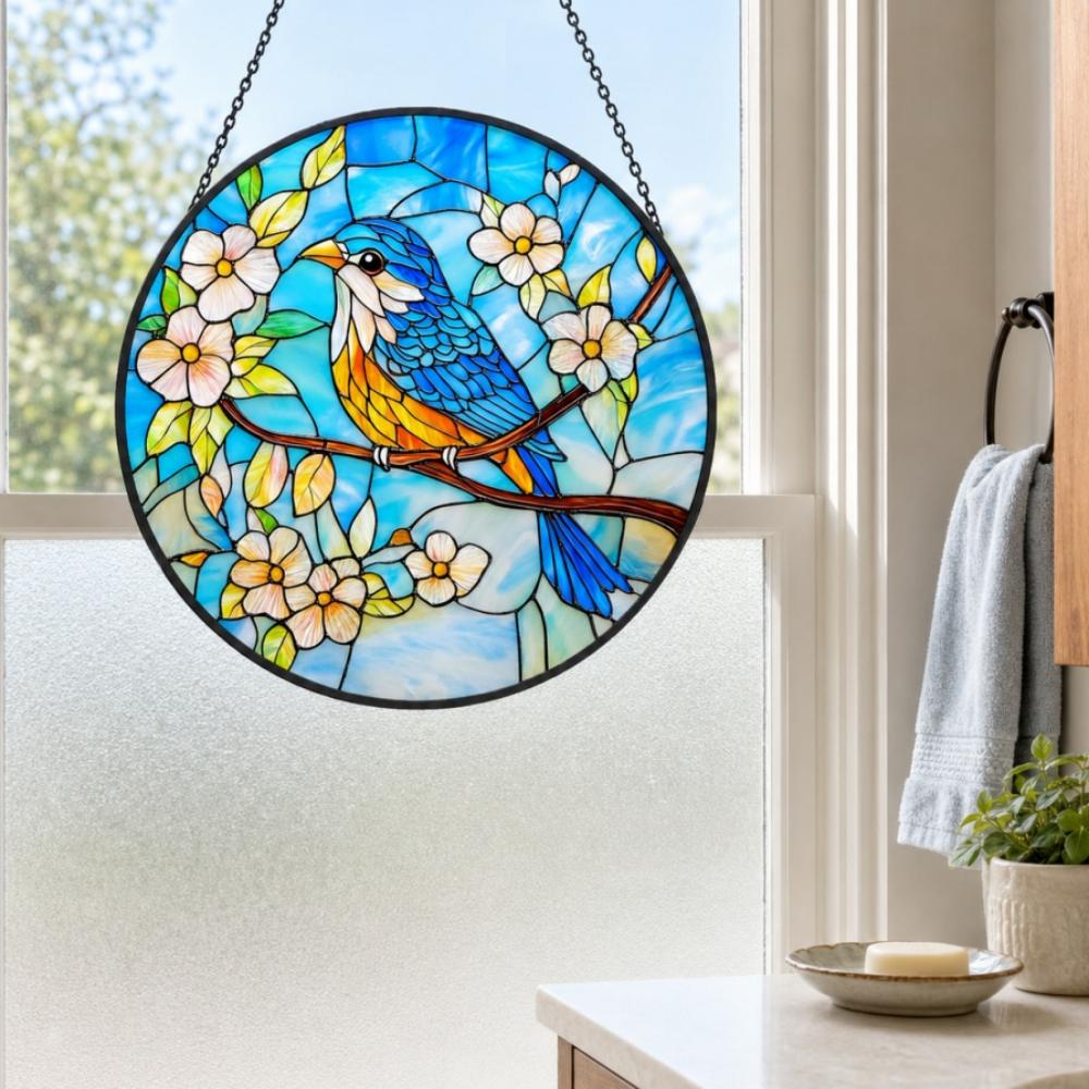 Bluebird on blossom branch stained glass suncatcher window hanging, suitable for home and garden decoration