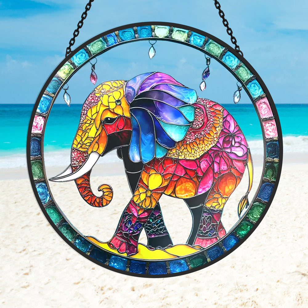 Boho elephant stained glass suncatcher window hanging, suitable for home and garden decoration