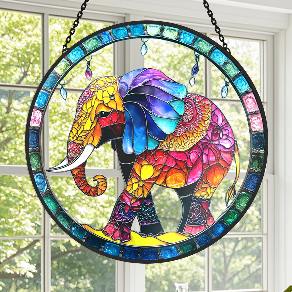 Boho elephant stained glass suncatcher window hanging, suitable for home and garden decoration