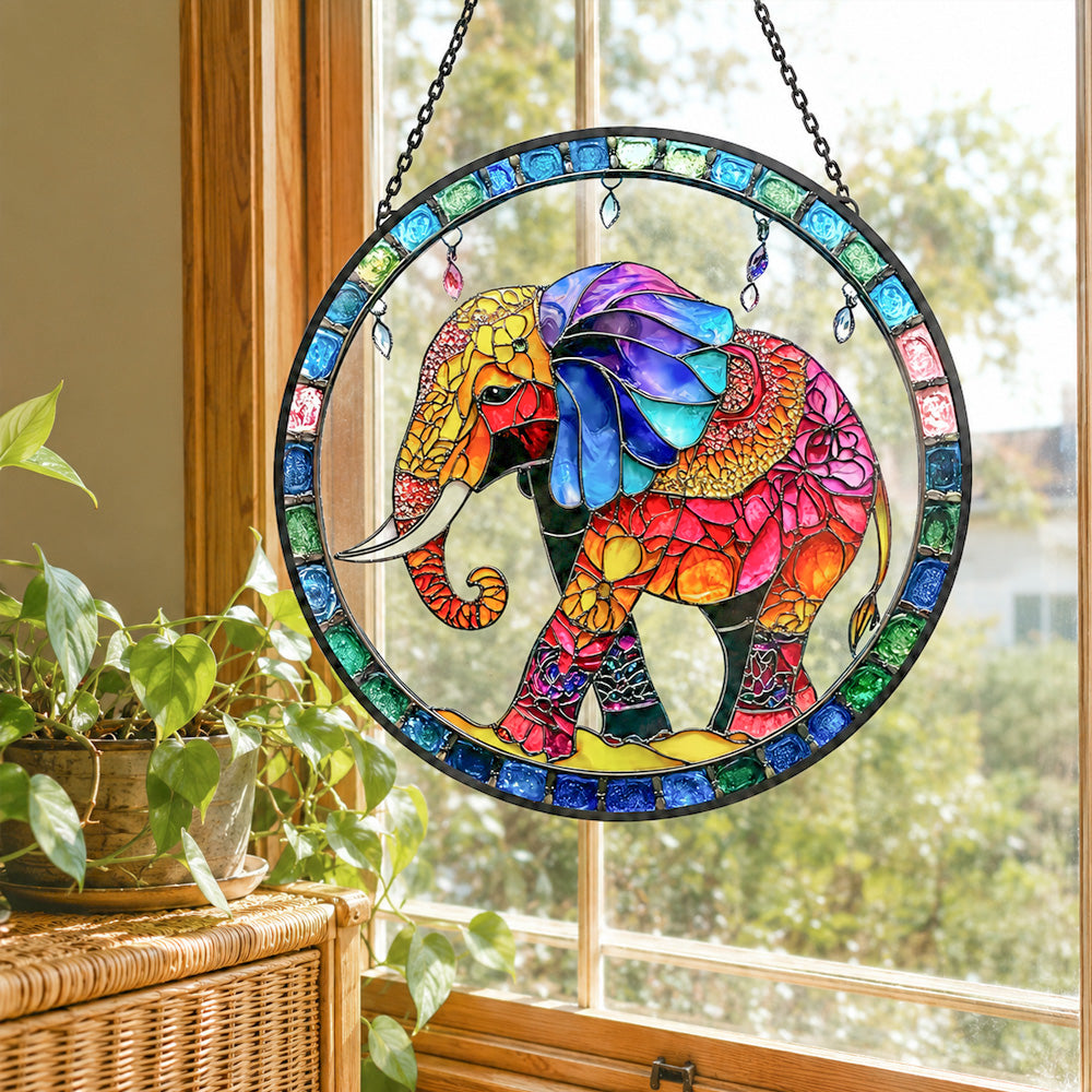 Boho elephant stained glass suncatcher window hanging, suitable for home and garden decoration