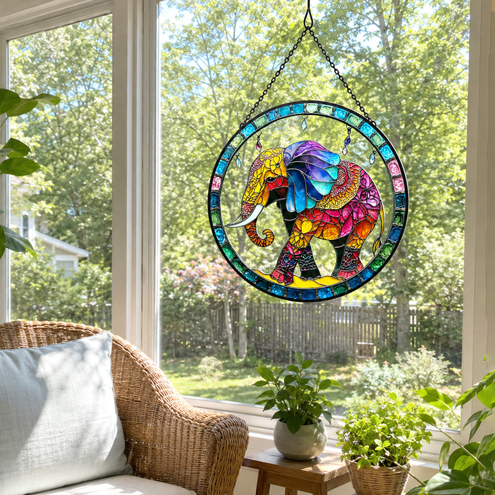Boho elephant stained glass suncatcher window hanging, suitable for home and garden decoration