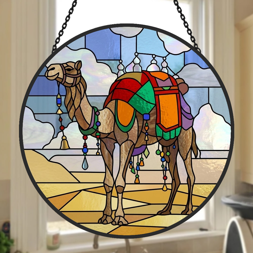 Boho tasseled camel stained glass suncatcher window hanging, suitable for home and garden decoration