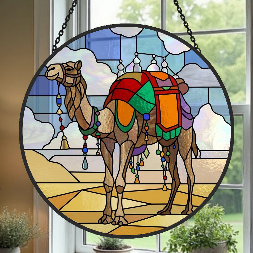 Boho tasseled camel stained glass suncatcher window hanging, suitable for home and garden decoration