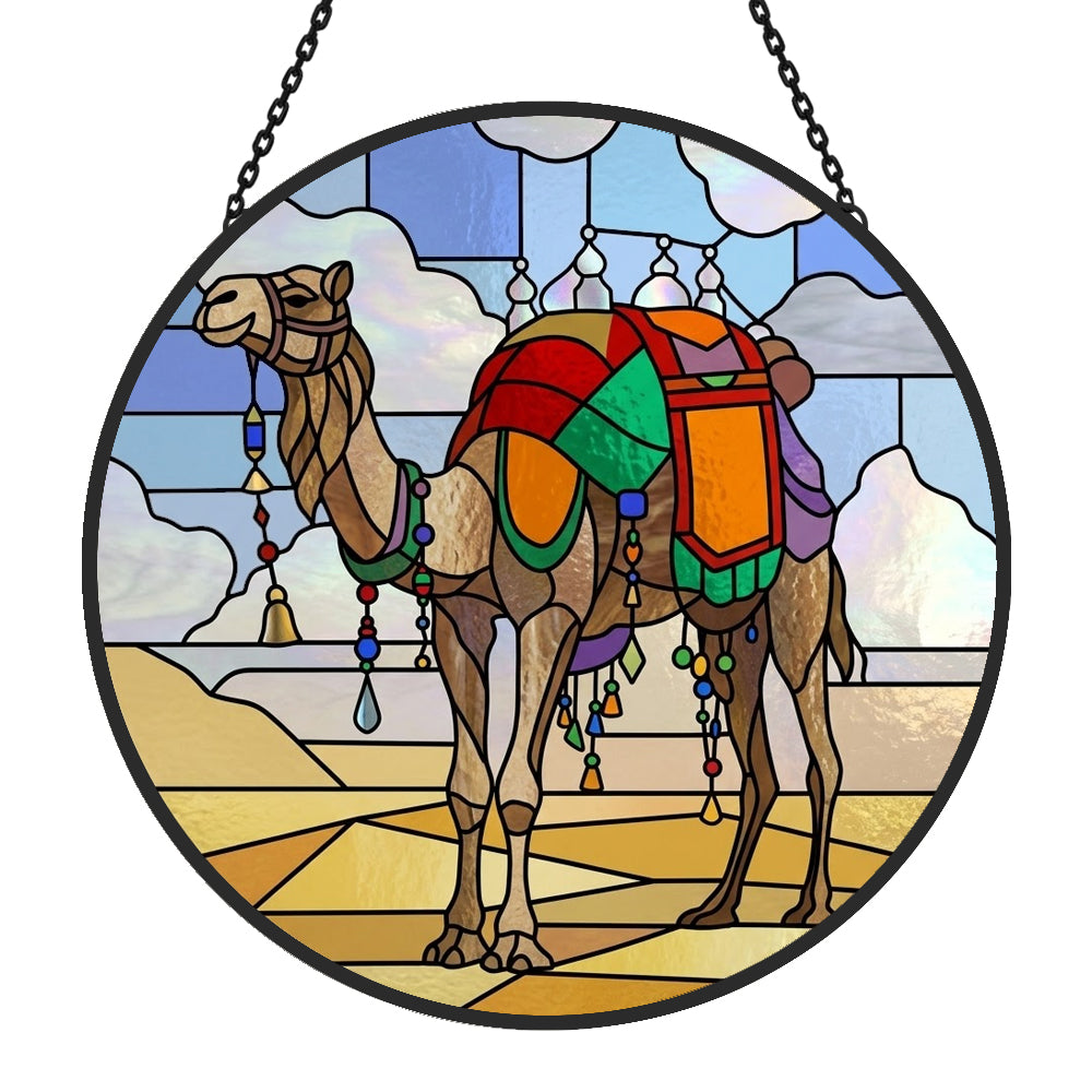 Boho tasseled camel stained glass suncatcher window hanging, suitable for home and garden decoration