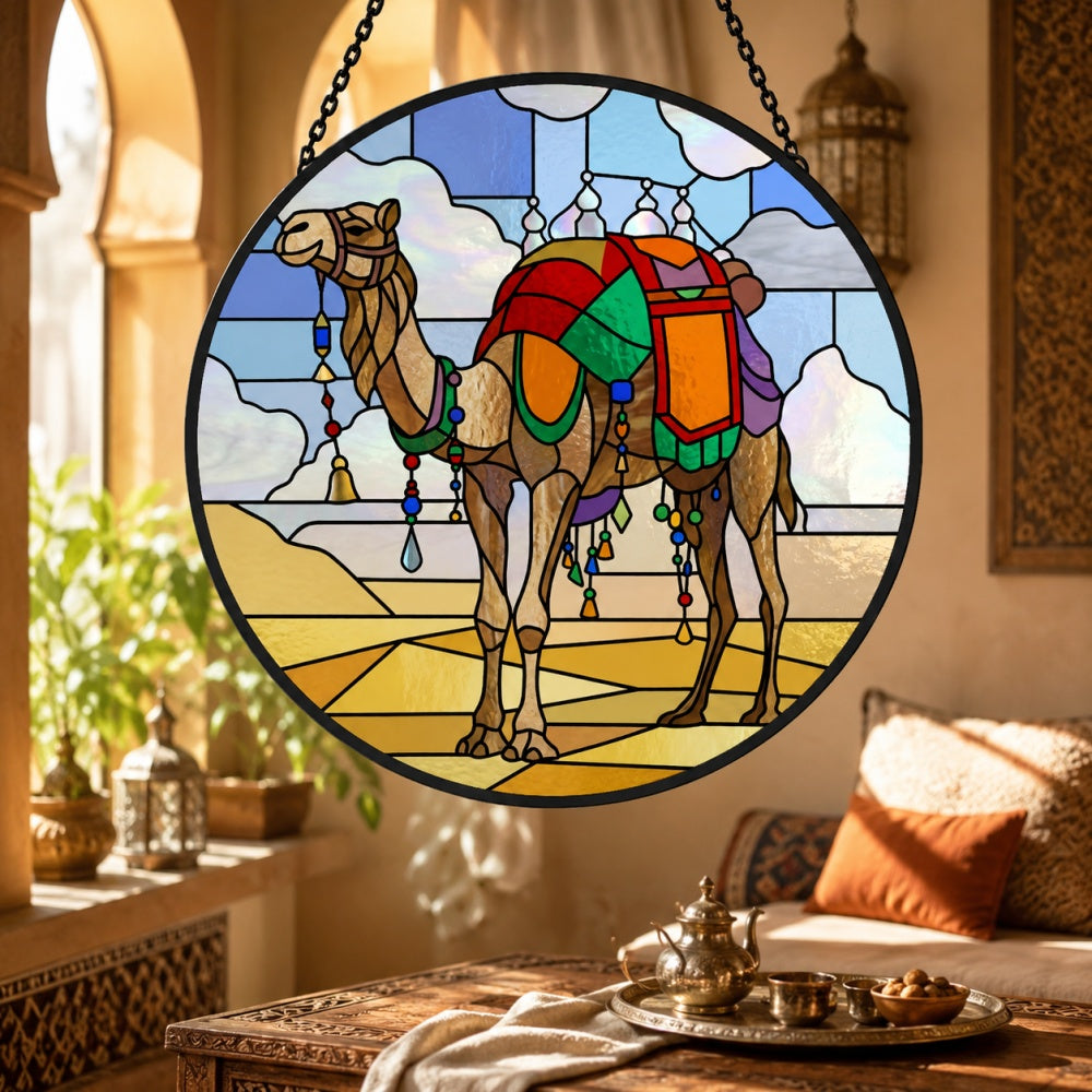 Boho tasseled camel stained glass suncatcher window hanging, suitable for home and garden decoration