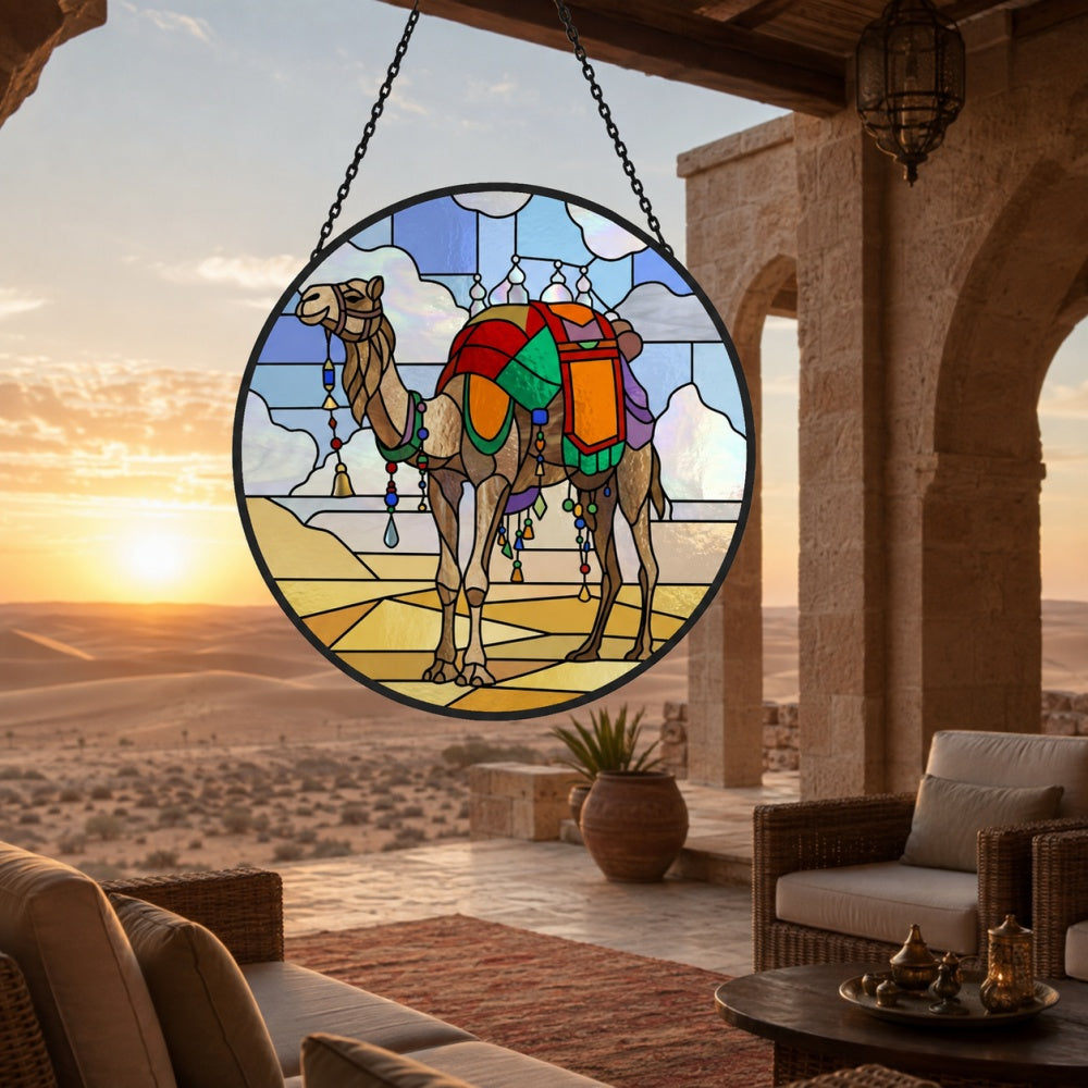 Boho tasseled camel stained glass suncatcher window hanging, suitable for home and garden decoration