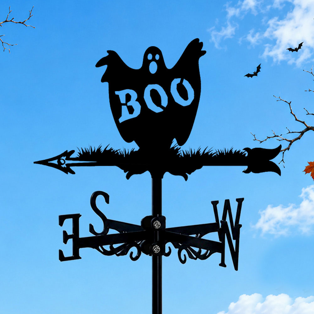 Boo ghost metal weather vane with directional arrows and mounting rod, outdoor roof and garden decoration
