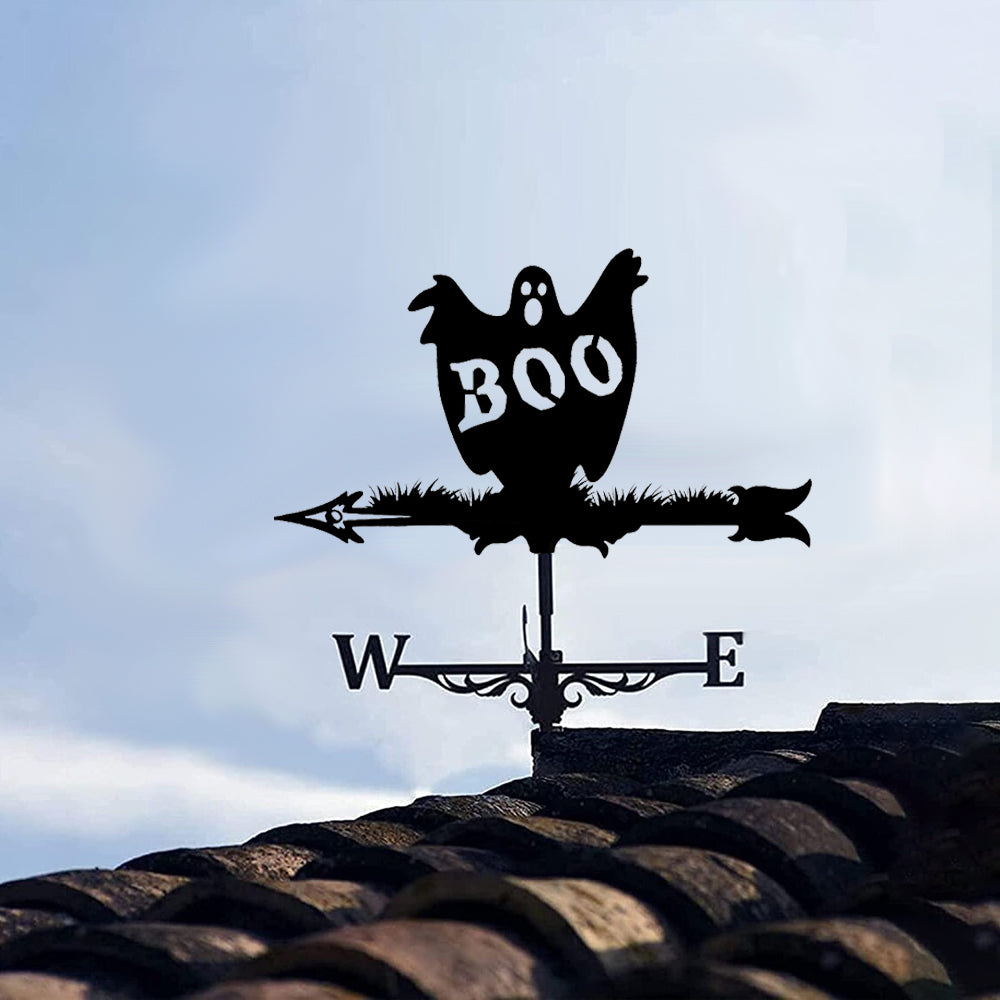 Boo ghost metal weather vane with directional arrows and mounting rod, outdoor roof and garden decoration
