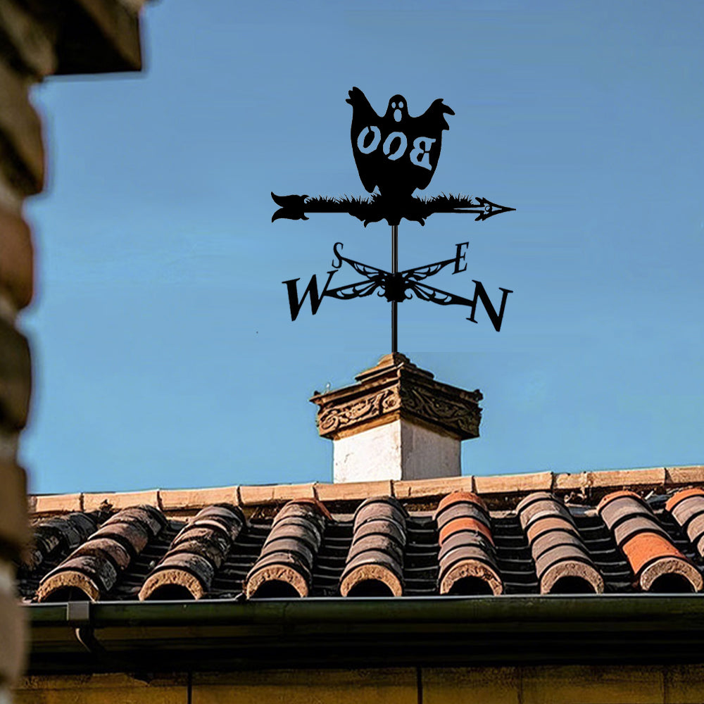 Boo ghost metal weather vane with directional arrows and mounting rod, outdoor roof and garden decoration