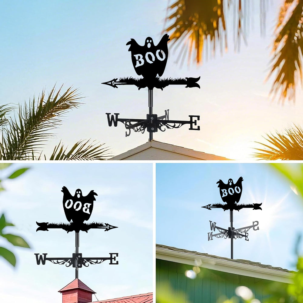 Boo ghost metal weather vane with directional arrows and mounting rod, outdoor roof and garden decoration