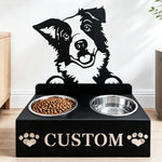 Personalized border collie metal dog bowl stand with custom name cutout and two removable feeding bowls