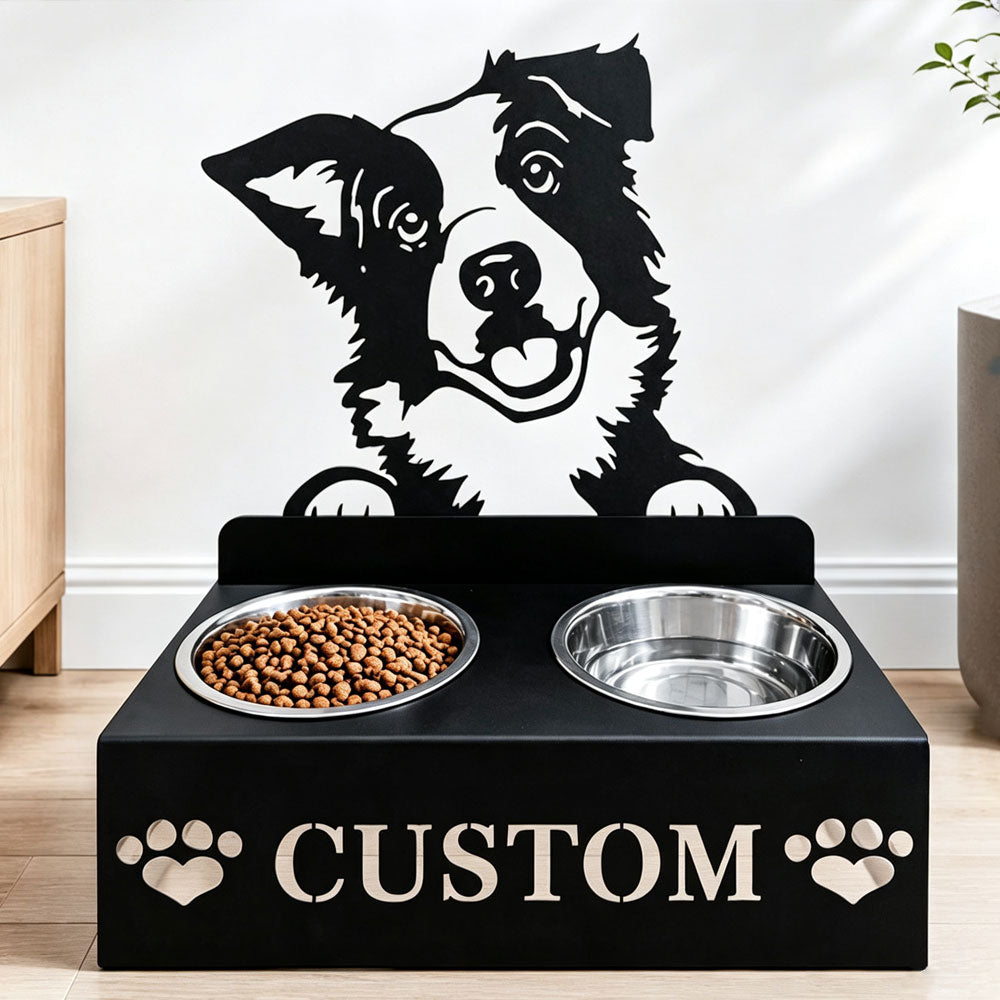 Personalized border collie metal dog bowl stand with custom name cutout and two removable feeding bowls
