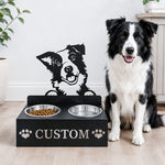 Personalized border collie metal dog bowl stand with custom name cutout and two removable feeding bowls