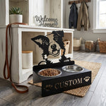 Personalized border collie metal dog bowl stand with custom name cutout and two removable feeding bowls