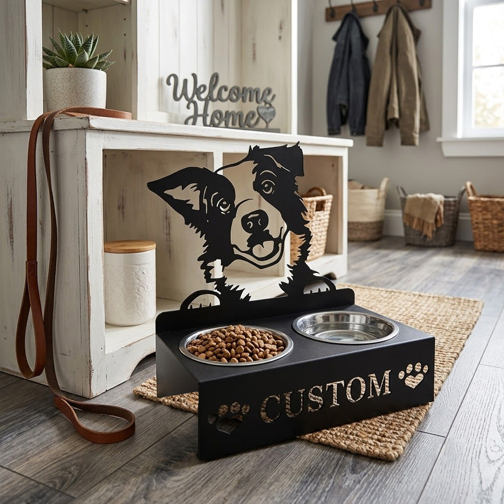 Personalized border collie metal dog bowl stand with custom name cutout and two removable feeding bowls