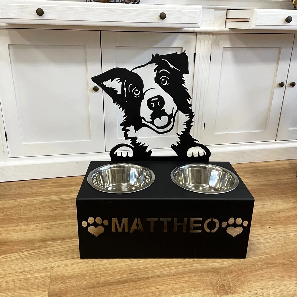 Personalized border collie metal dog bowl stand with custom name cutout and two removable feeding bowls