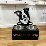 Personalized border collie metal dog bowl stand with custom name cutout and two removable feeding bowls