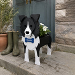 Border Collie dog planter filled with fresh flowers is placed in the garden