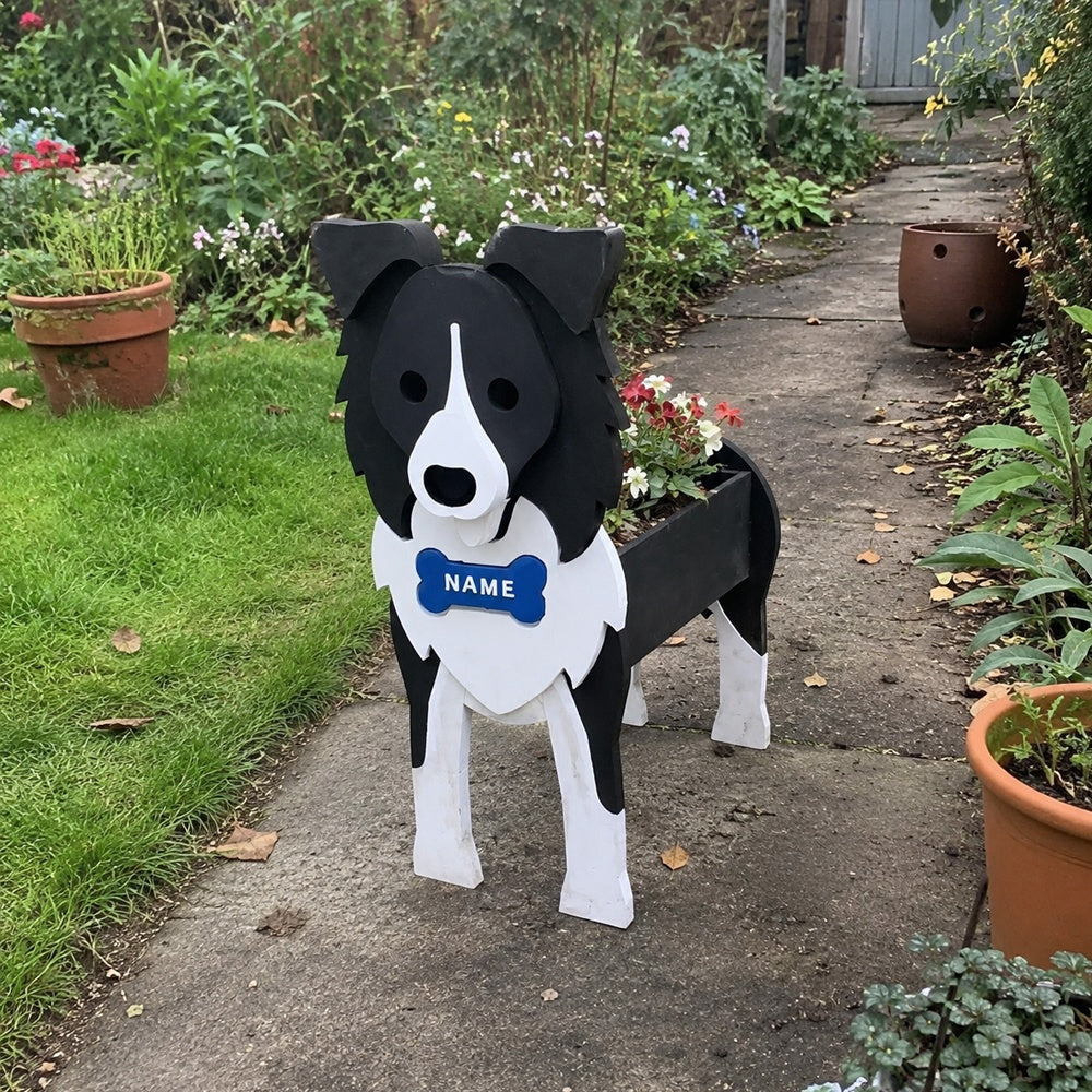 Border Collie dog planter filled with fresh flowers is placed in the garden