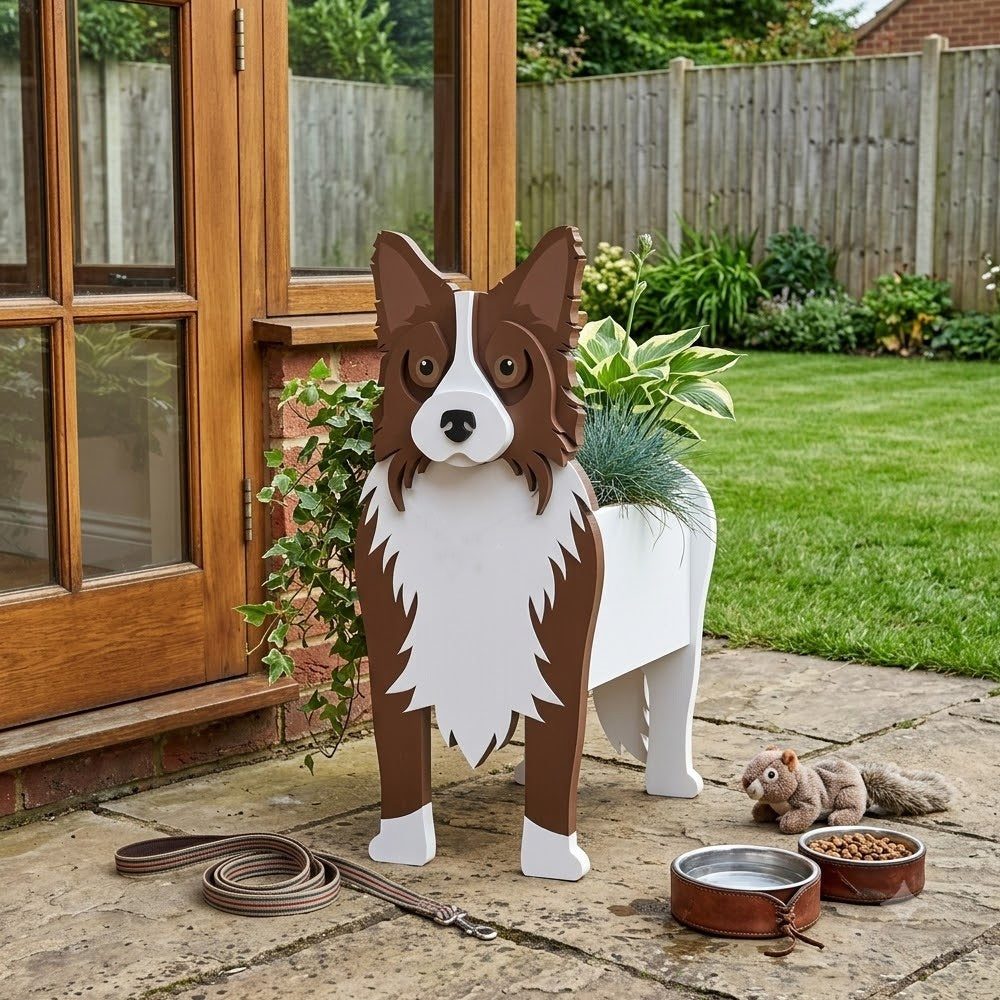 Border Collie dog planter filled with fresh flowers is placed in the garden