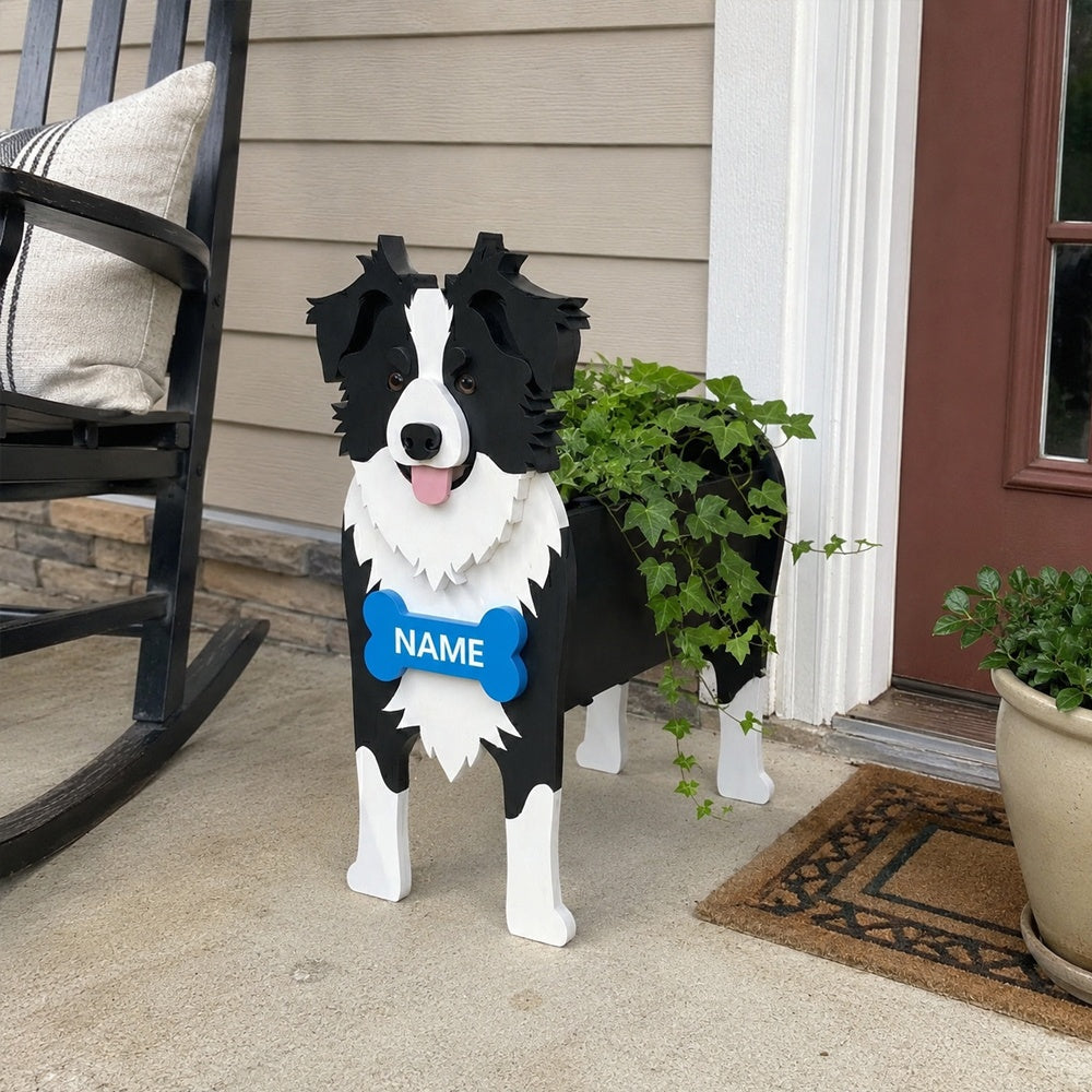 Border Collie dog planter filled with fresh flowers is placed in the garden