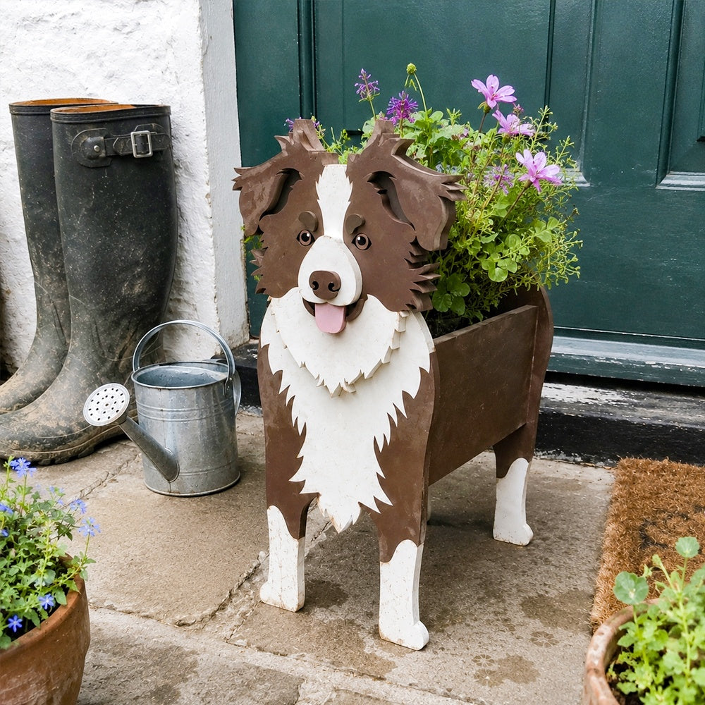 Border Collie dog planter filled with fresh flowers is placed in the garden