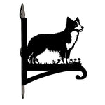 Border collie metal hanging basket bracket mounted on outdoor wall for plant decoration