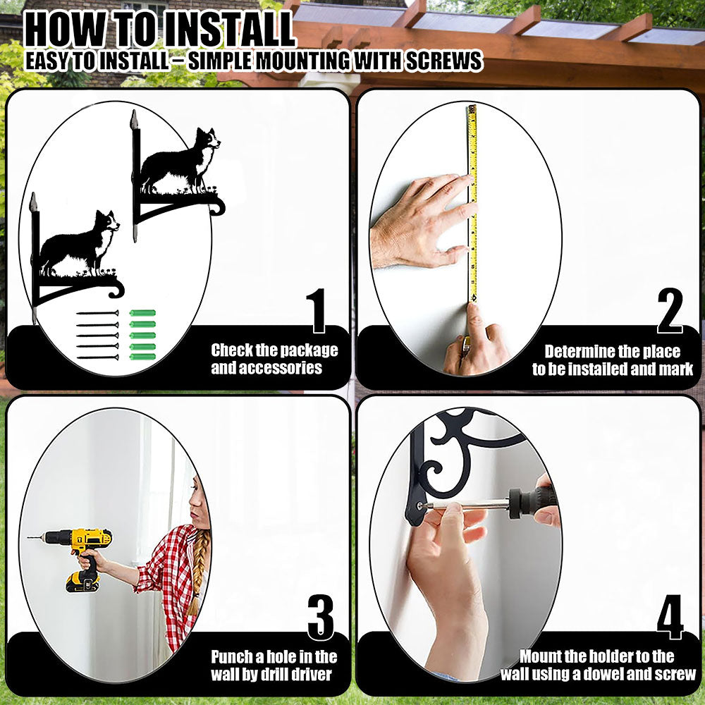 Border collie metal hanging basket bracket mounted on outdoor wall for plant decoration