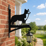 Border collie metal hanging basket bracket mounted on outdoor wall for plant decoration