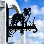Border collie metal hanging basket bracket mounted on outdoor wall for plant decoration