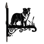 Border collie metal hanging basket bracket mounted on outdoor wall for plant decoration