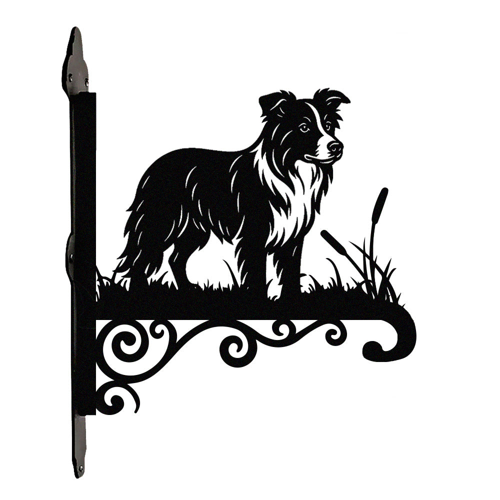Border collie metal hanging basket bracket mounted on outdoor wall for plant decoration