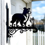 Border collie metal hanging basket bracket mounted on outdoor wall for plant decoration