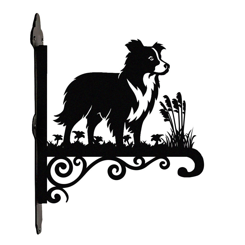 Border collie metal hanging basket bracket mounted on outdoor wall for plant decoration