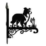 Border collie metal hanging basket bracket mounted on outdoor wall for plant decoration