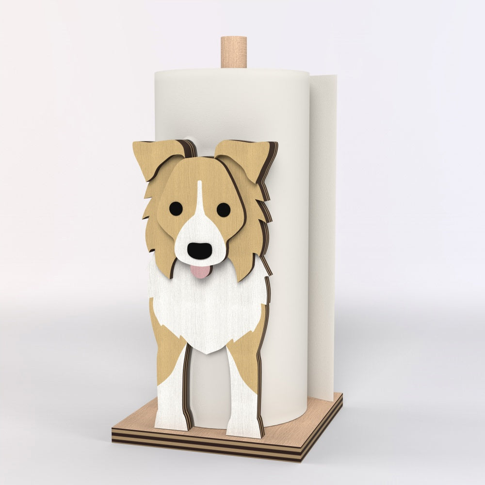 Border Collie Wooden Dog Paper Towel Holder displayed on a kitchen countertop with a freestanding paper towel roll