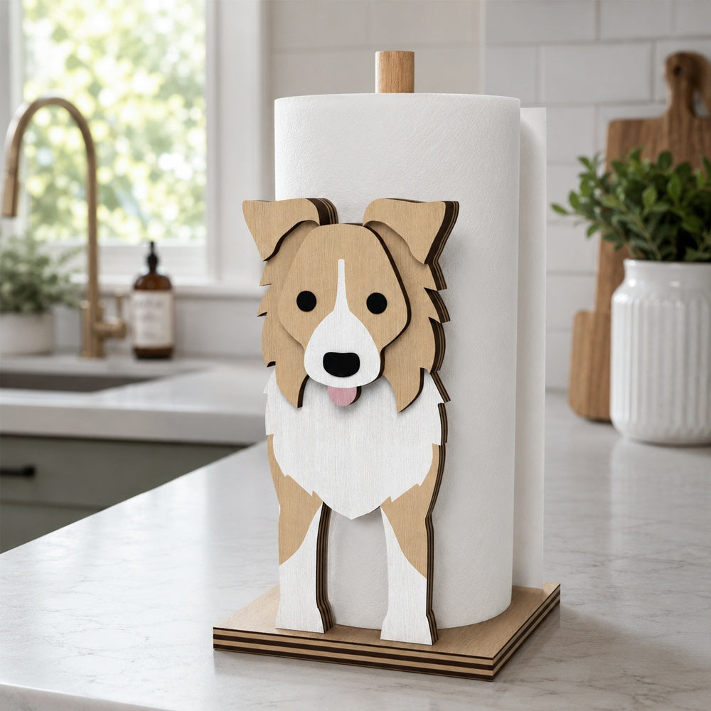 Border Collie Wooden Dog Paper Towel Holder displayed on a kitchen countertop with a freestanding paper towel roll