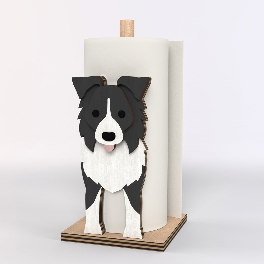 Border Collie Wooden Dog Paper Towel Holder displayed on a kitchen countertop with a freestanding paper towel roll