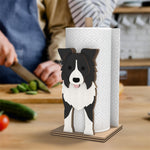 Border Collie Wooden Dog Paper Towel Holder displayed on a kitchen countertop with a freestanding paper towel roll
