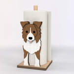 Border Collie Wooden Dog Paper Towel Holder displayed on a kitchen countertop with a freestanding paper towel roll