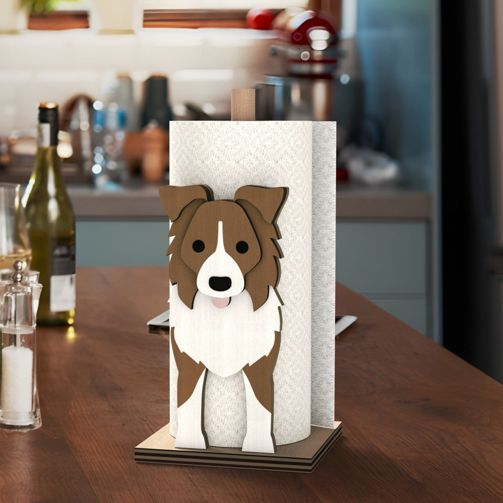 Border Collie Wooden Dog Paper Towel Holder displayed on a kitchen countertop with a freestanding paper towel roll